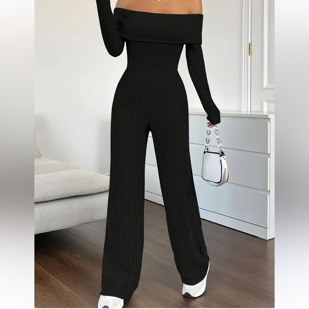 Women’s Ribbed off the Shoulder Elegant Long Sleeve Black Jumpsuit size XL